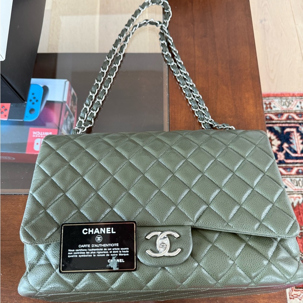 SOLD-Chanel Maxi Double Flap Green Shw